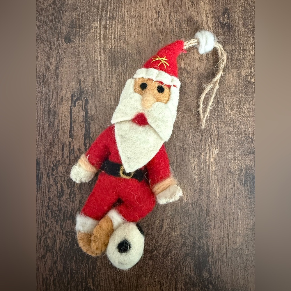 Handmade Woolen Santa with Football Christmas Ornament